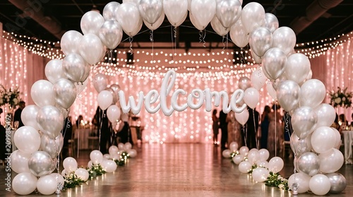 Elegant Balloon Archway Welcome Entrance with Lights and Guests
