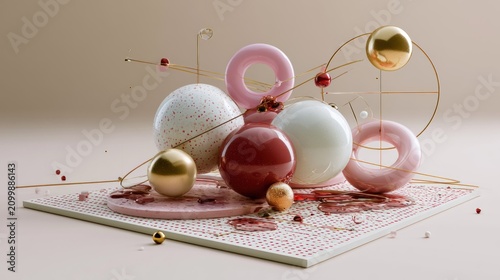 Elegant pink and gold 3D geometric composition.