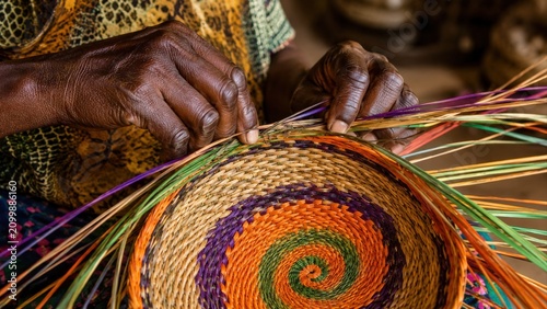 Artisan Weaving Colorful Round Basket From Natural Reeds