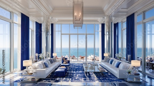 Elegant villa interior with high ceilings and ocean view.