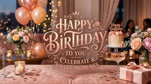 Elegant Birthday Party Celebration with Rose Gold Balloons, Cake, and Gifts