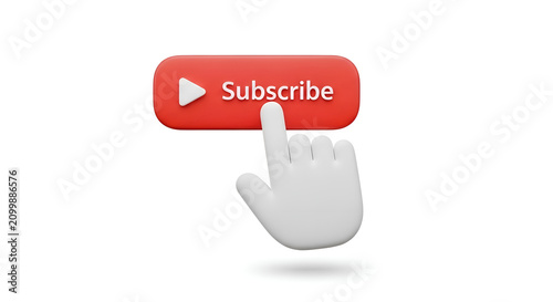 3D render of a white hand cursor clicking a red subscribe button with a play icon