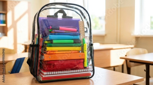 Clear backpack filled with colorful school supplies on a desk