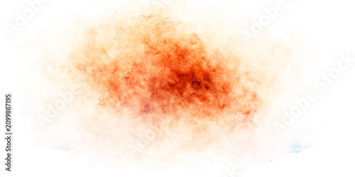 Bild auf Leinwand Smoke cloud abstract texture with orange and red tones isolated on white background, resembling a fiery nebula or a vibrant explosion of color, creating a dynamic and energetic visual
