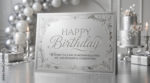 Elegant Happy Birthday Card Silver Luxury Celebration with Cake and Balloons