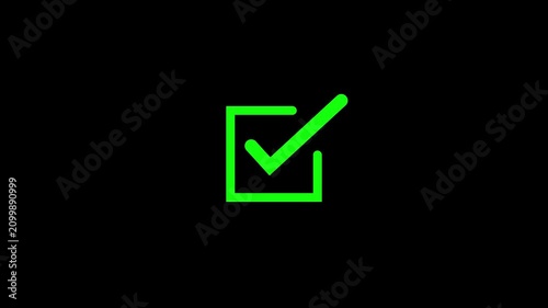 Green checkbox appearing on black background for user interface design motion clip.