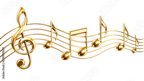 Elegant gold music notes on staff lines isolated on transparent background