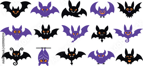 Fotografie Collection of cartoon bats in purple and black, a vector illustration with a whi