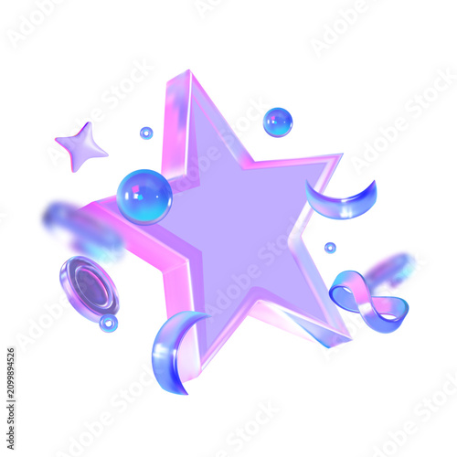 Holographic glass 3D confetti with infinity symbol, coins and large glass star for congratulations, bonus rewards, gift certificates, games and sale promotions