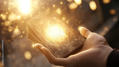 Hands holding a deck of glowing, ornate tarot cards