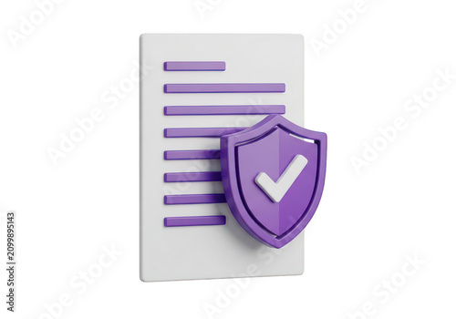 Document security with shield and checkmark icon 3d render on transparent background