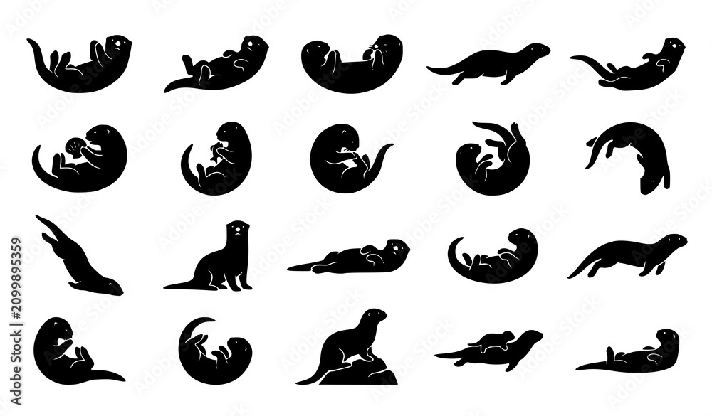 Fototapeta premium Otter Silhouette Collection Vector Set with Swimming Sitting and Playing Animal Poses