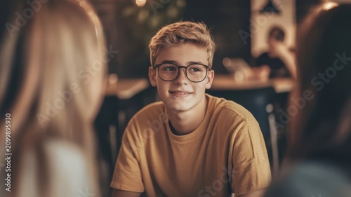Young teen boy wearing glasses smiling during social conversation in classroom setting.