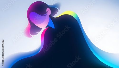 Futuristic abstract female profile with vivid gradients. Augmented reality and cyber privacy. Faceless woman silhouette bending forward with chromatic lighting.