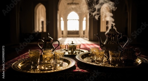 Arabic Tea Ceremony with Traditional Silver Teapots and Glasses
