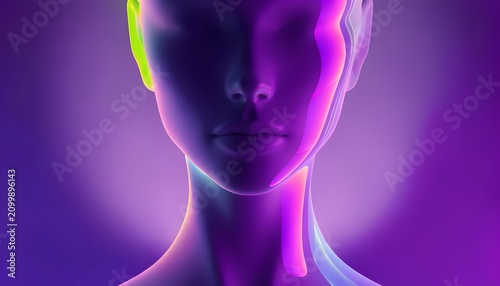 Minimalist cyber mannequin face with glowing spectrum line details. Biometric scanning and identity identification. Abstract digital human portrait illuminated with neon colors