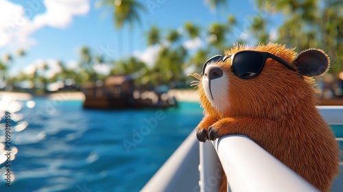 Cute rodent in sunglasses on a boat, tropical beach background