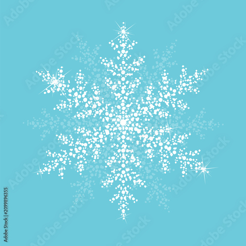 snowflake made of dots halftone object Hand drawn white on a blue background. Not AI, vector illustration.