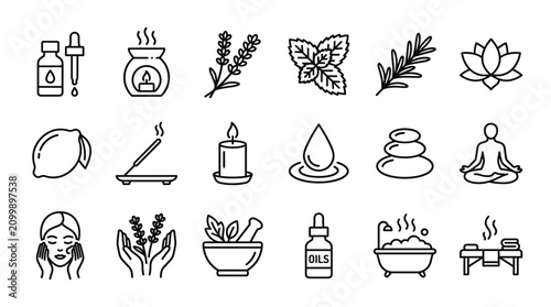 Essential oil icons for wellness and spa treatments with calming elements and natural ingredients