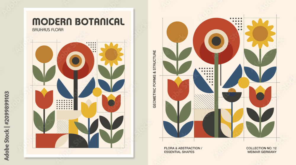 Fototapeta premium modern botanical poster in the Bauhaus style, featuring a collection of stylized flowers and plants composed of geometric shapes and bold colors, set against a clean and minimalist 