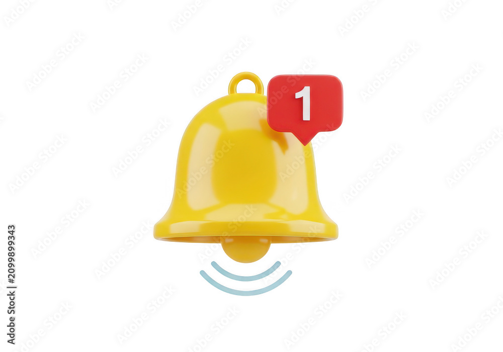 Fototapeta premium Yellow bell notification with number one 3d render on transparent background