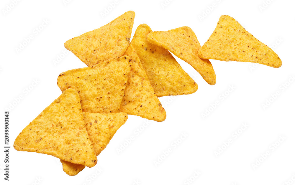 Fototapeta premium Delicious triangular tortilla chips flying through air, isolated on transparent cutout background