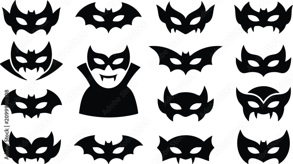 Fototapeta premium Collection of black silhouettes of bat shaped masks and vampire faces, isolated on a white background, halloween costume accessory