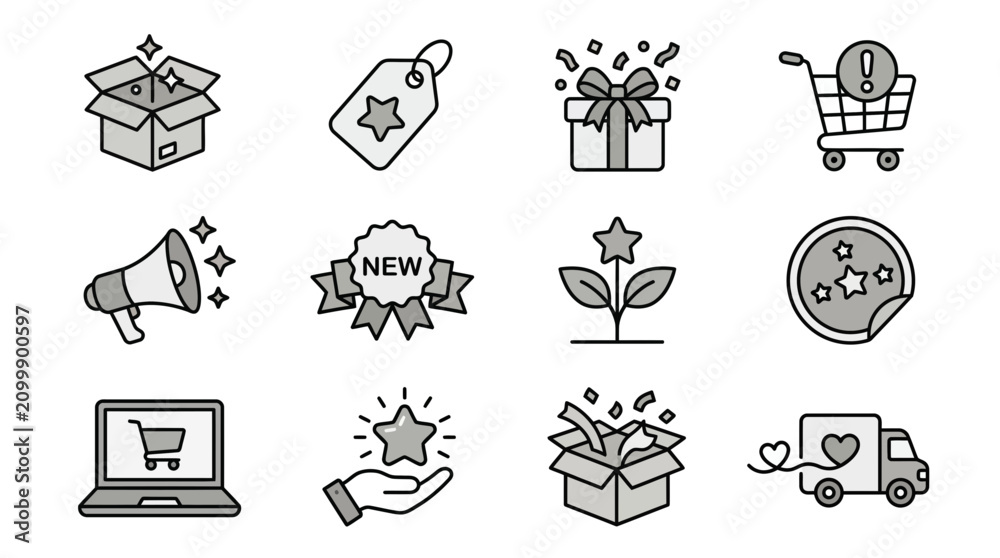 Fototapeta premium Shopping Icons Set: New Arrivals, Gifts, Delivery, Online Store, Promotions