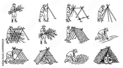 Tablou pe pânză Scout Building Survival Shelter Step-by-Step Diagram