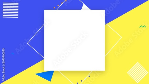 Abstract geometric background with blue and yellow split screen and white square frame