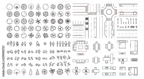 Architectural floor plan symbols vector set, landscape design elements with trees and furniture, urban site planning icons for blueprint