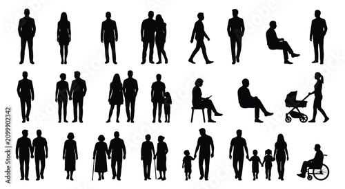 People silhouette collection with 25 diverse figures, black human silhouettes in various poses, architectural scale figures for urban planning and design