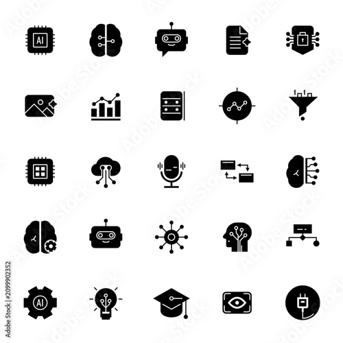 Artificial intelligence and machine learning filled icons set