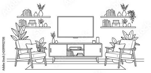 Slika na platnu Minimalist living room interior line art, modern lounge with television and armc
