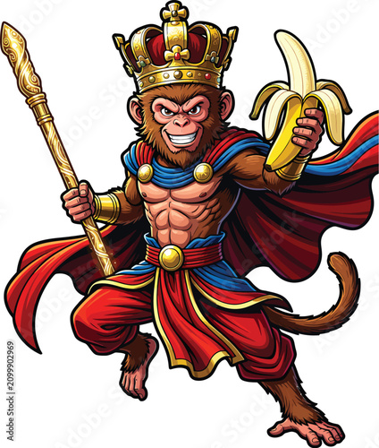 Photography Monkey King Superhero Holding Banana Cartoon Vector Illustration
