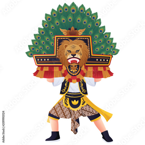 Illustration of Reog Ponorogo dancer with large traditional mask for Indonesian cultural festival and heritage themes.