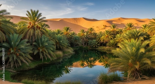 Beautiful Oasis with Palm Trees and Reflection in Sahara Desert