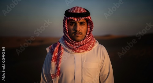 Saudi Arabian Man in Traditional Thobe and Shemagh in Desert