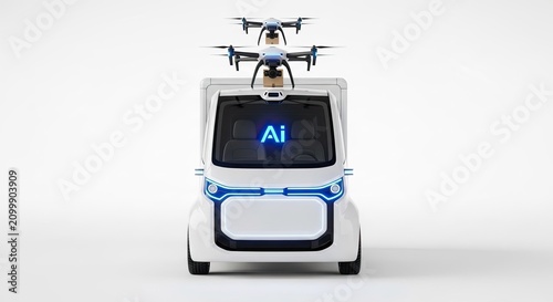 Autonomous AI Delivery Vehicle with Drones on White Background