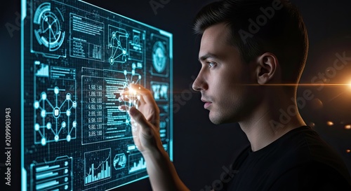 Young Man Interacting with Advanced Futuristic Holographic Data Interface