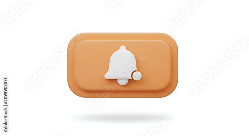 3D rendering of a notification bell icon with a plus symbol on a rounded rectangular button