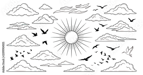 Bild auf Leinwand Vintage hand drawn sky elements vector set, engraved sun with clouds and flying