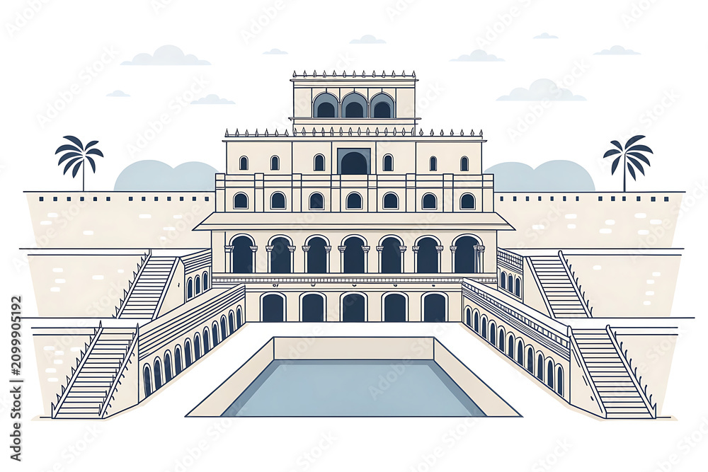 Fototapeta premium Modern minimal vector illustration of the Rani ki Vav, isolated on white background, elegant stepwell silhouette, simplified symmetrical steps