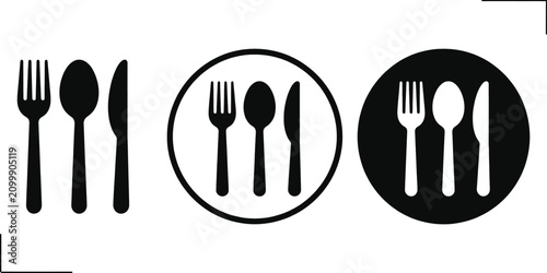 Restaurant cutlery icon set, fork knife spoon plate glyph vector illustration, food and dining symbols