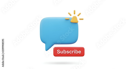 3D illustration of a blue speech bubble with a yellow notification bell and a red subscribe button