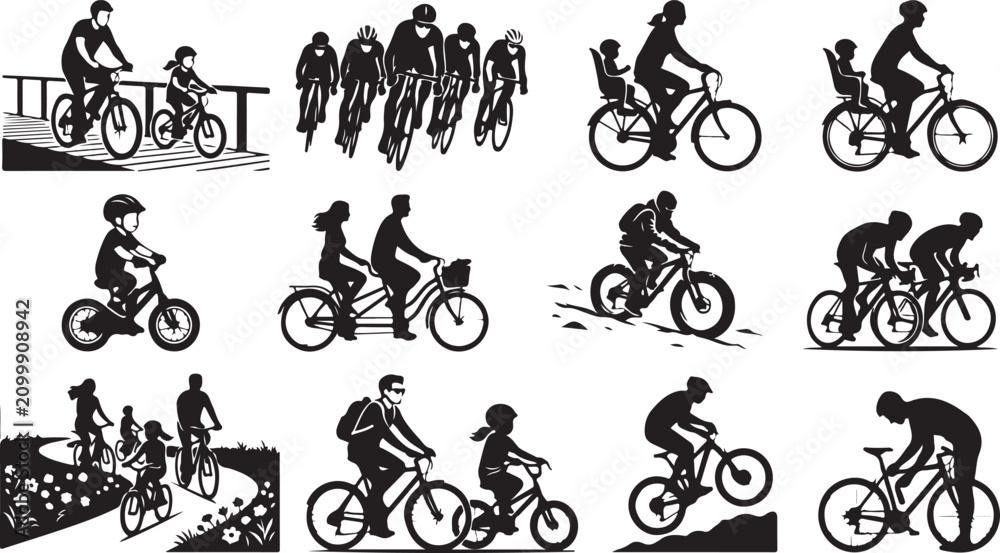 Obraz premium Collection of black silhouettes showing people riding bicycles, including families with children, tandem bikes, mountain bikers, and racing cyclists in various outdoor settings and riding positions