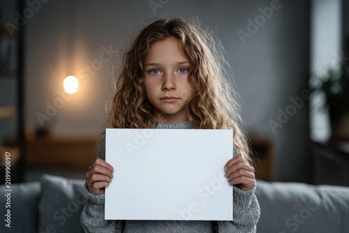 Young Girl Holds Blank Sign at Home Conveying Message