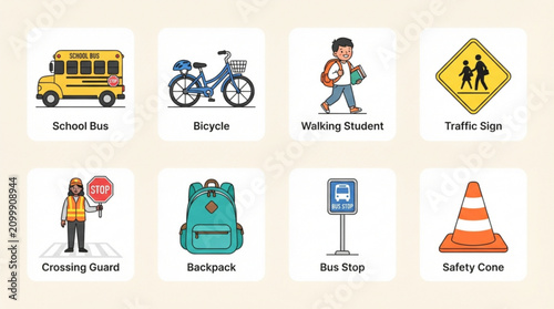 фотографія Illustrated school safety icons showing transportation pedestrians and road sign