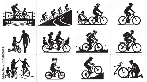 Foto Set of black silhouettes depicting various cycling activities, including family