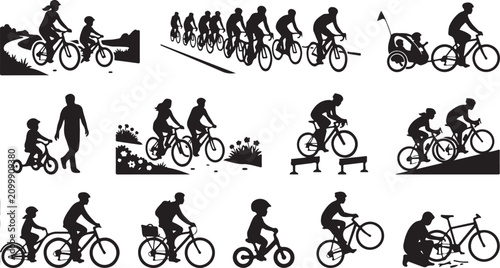 Foto Set of black silhouettes depicting various cycling activities, including family